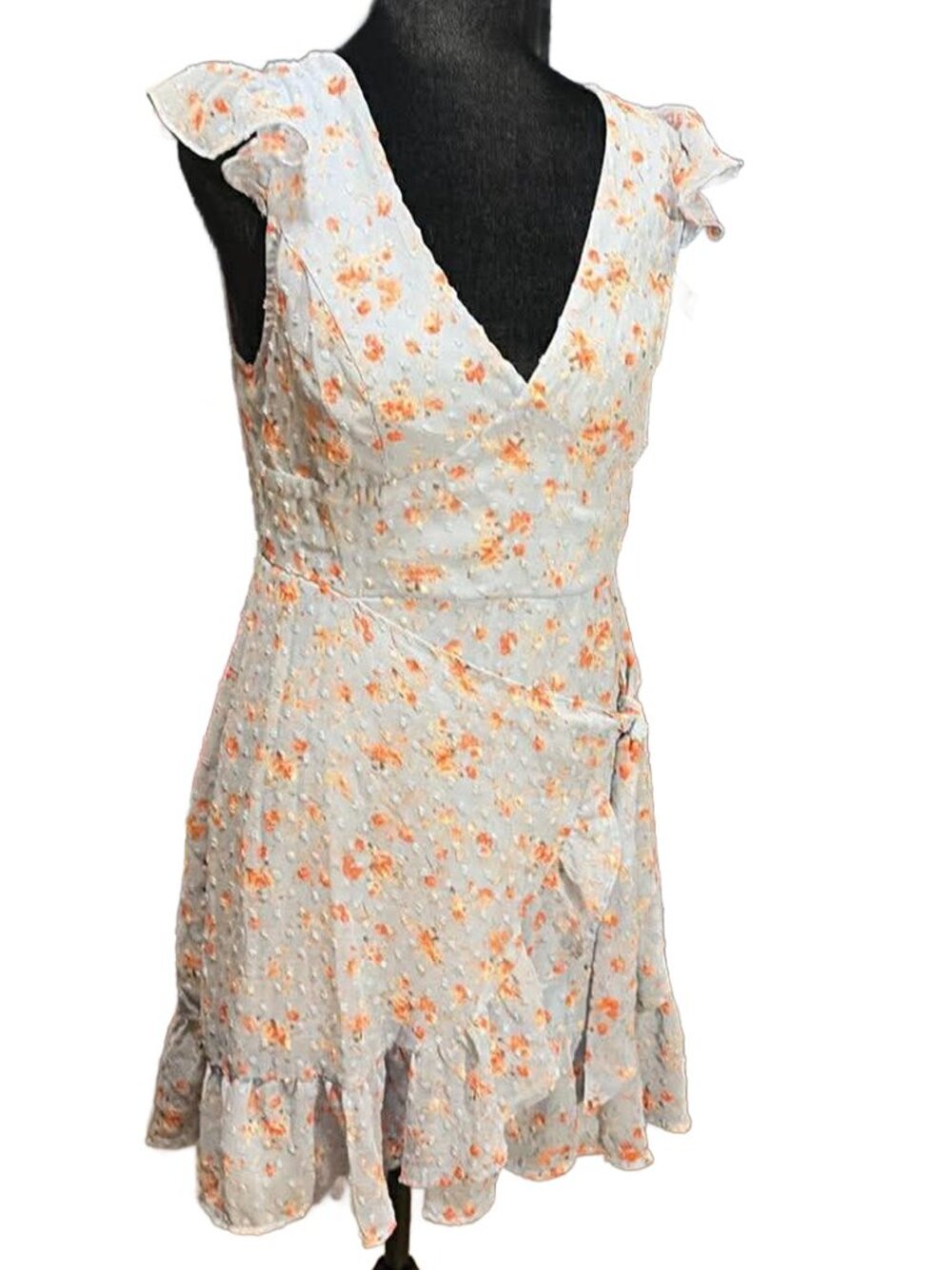 Dee Elly Swiss Dot Faux Wrap Flutter Sleeve Mini Dress
